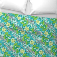 Full Bloom Garden Floral Botanical Blue Green White Pink on Teal - UnBlink Studio by Jackie Tahara