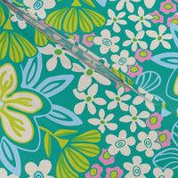 Full Bloom Garden Floral Botanical Blue Green White Pink on Teal - UnBlink Studio by Jackie Tahara