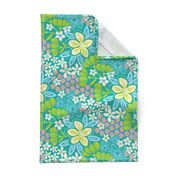 Full Bloom Garden Floral Botanical Blue Green White Pink on Teal - UnBlink Studio by Jackie Tahara