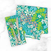 Full Bloom Garden Floral Botanical Blue Green White Pink on Teal - UnBlink Studio by Jackie Tahara