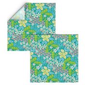 Full Bloom Garden Floral Botanical Blue Green White Pink on Teal - UnBlink Studio by Jackie Tahara