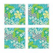 Full Bloom Garden Floral Botanical Blue Green White Pink on Teal - UnBlink Studio by Jackie Tahara