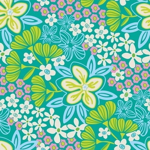 Full Bloom Garden Floral Botanical Blue Green White Pink on Teal - UnBlink Studio by Jackie Tahara