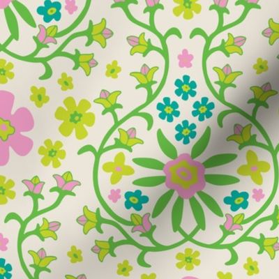 Gorgeous Garlands Floral Botanical Damask Ogee in Spring Pink Green Blue on Cream - UnBlink Studio by Jackie Tahara