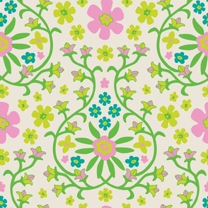 Gorgeous Garlands Floral Botanical Damask Ogee in Spring Pink Green Blue on Cream - UnBlink Studio by Jackie Tahara