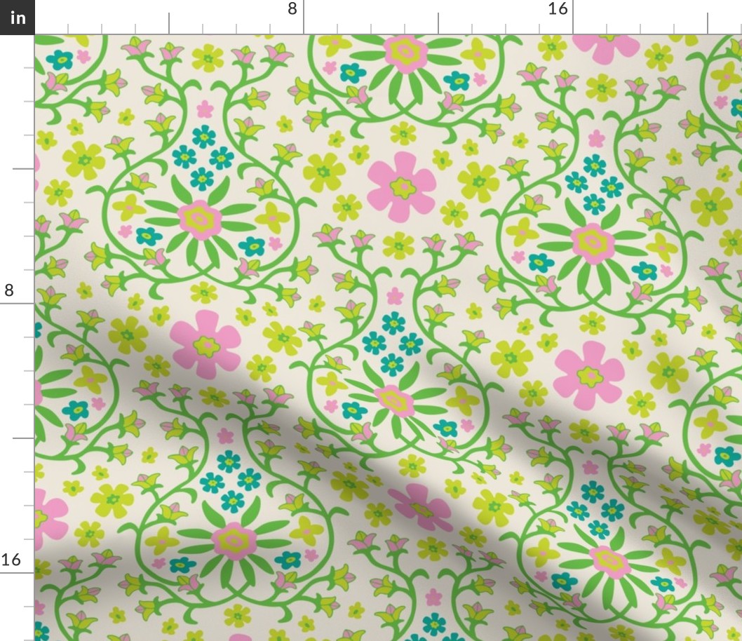 Gorgeous Garlands Floral Botanical Damask Ogee in Spring Pink Green Blue on Cream - UnBlink Studio by Jackie Tahara