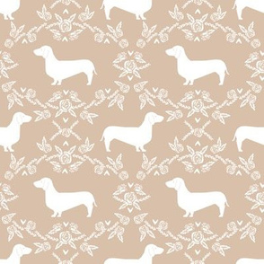 dachshund silhouette floral fabric - dog silhouette, dog floral fabric, dachshund silhouette fabric, doxie silhouette - neutral