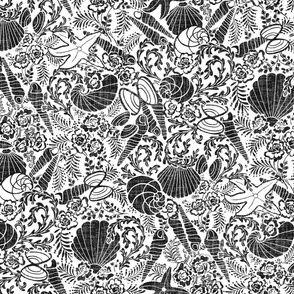 medium shells and mussels on linen in black and white reverse