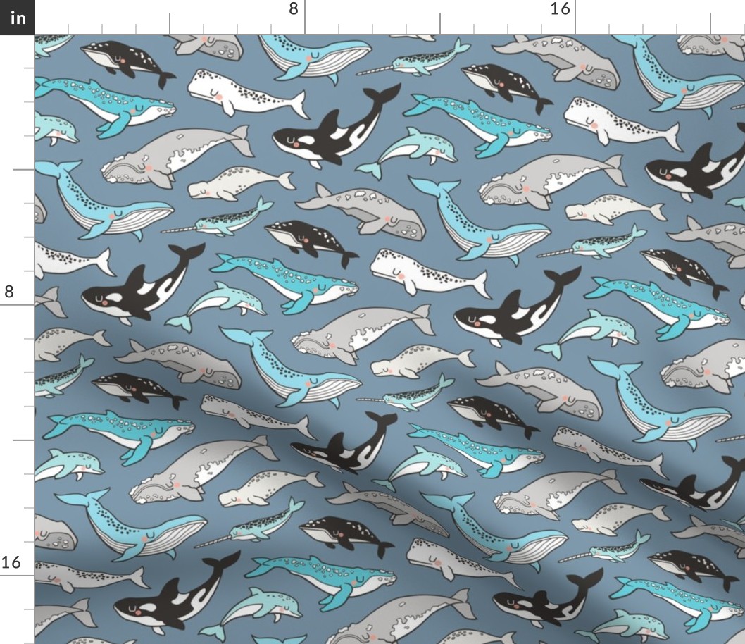 Whales Doodle Nautical Ocean Sea on Navy Blue