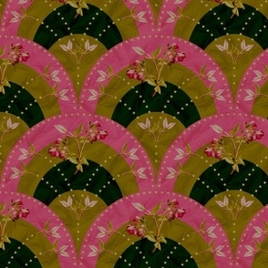Hyper Pink Dark Olive Green Floral, 1930s 1940s Art Deco Jewel Toned Painterly Pattern, Large Scale Flowers