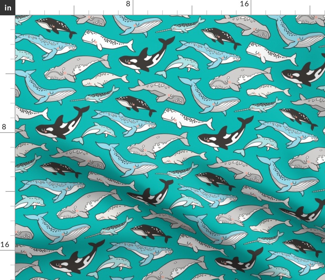 Whales Doodle Nautical Ocean Sea on Green