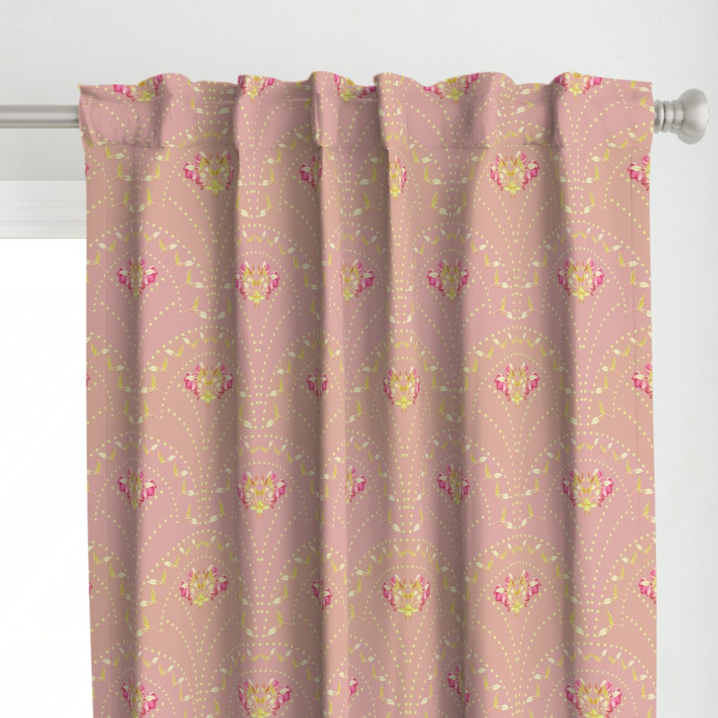 Art Deco Style Pattern, Green and Blush Pink Botanic Floral Scallops, Opulent  Large Scale Golden Era