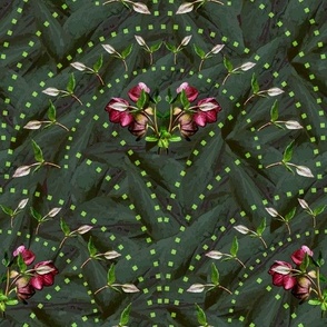 Opulent Dark Green Floral Bouquet, Dark Moody Flower Pattern, Art Deco Inspired Scallops (Large Scale)