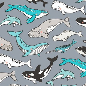 Whales Doodle Nautical Ocean Sea on Grey