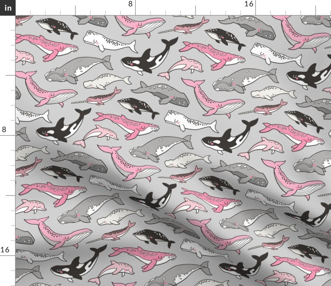 Whales Doodle Nautical Ocean Sea Pink on Light Grey