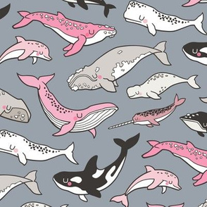 Whales Doodle Nautical Ocean Sea Pink on Grey