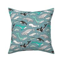 Whales Doodle Nautical Ocean Sea Green on Blue