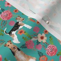 wire fox terrier floral fabric - floral fabric, fox terrier fabric, wire fox terrier fabric, cute spring floral fabric -  turquoise