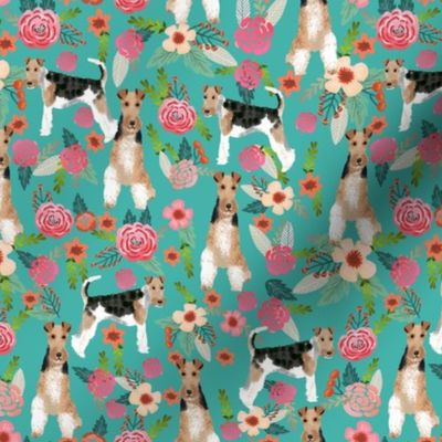 wire fox terrier floral fabric - floral fabric, fox terrier fabric, wire fox terrier fabric, cute spring floral fabric -  turquoise