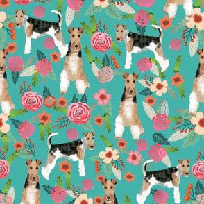 wire fox terrier floral fabric - floral fabric, fox terrier fabric, wire fox terrier fabric, cute spring floral fabric -  turquoise
