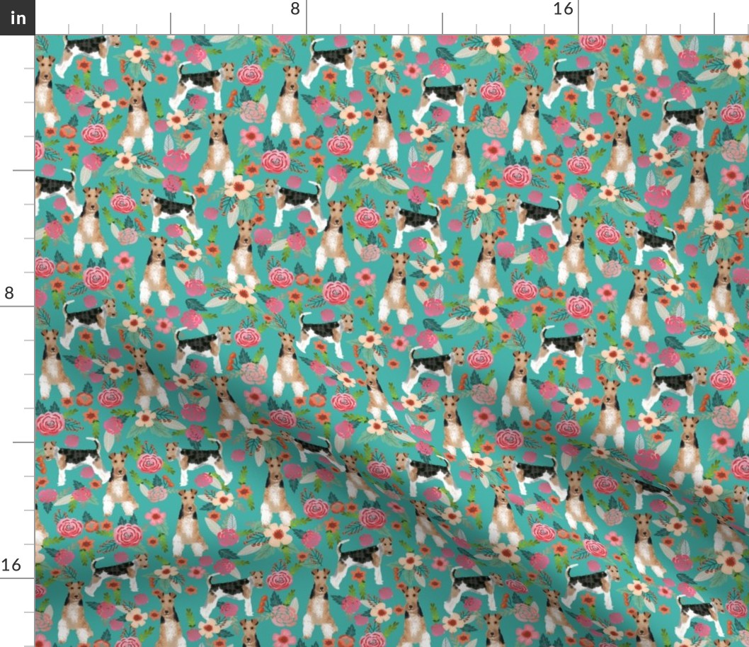 wire fox terrier floral fabric - floral fabric, fox terrier fabric, wire fox terrier fabric, cute spring floral fabric -  turquoise