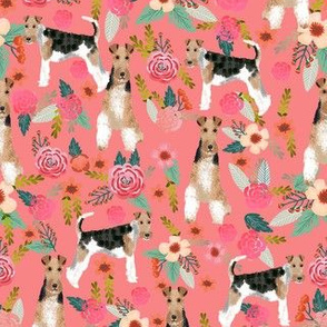 wire fox terrier floral fabric - floral fabric, fox terrier fabric, wire fox terrier fabric, cute spring floral fabric -  coral