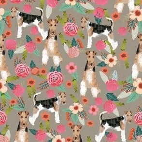 wire fox terrier floral fabric - floral fabric, fox terrier fabric, wire fox terrier fabric, cute spring floral fabric -  brown