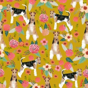 wire fox terrier floral fabric - floral fabric, fox terrier fabric, wire fox terrier fabric, cute spring floral fabric -  mustard