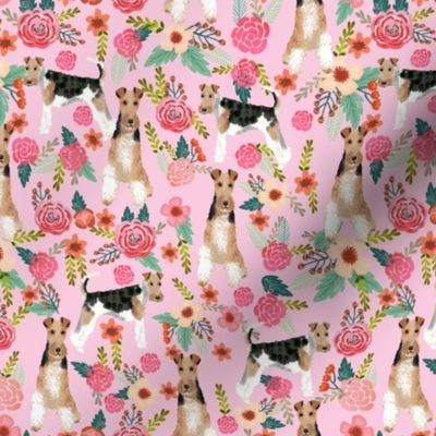 wire fox terrier floral fabric - floral fabric, fox terrier fabric, wire fox terrier fabric, cute spring floral fabric -  pink