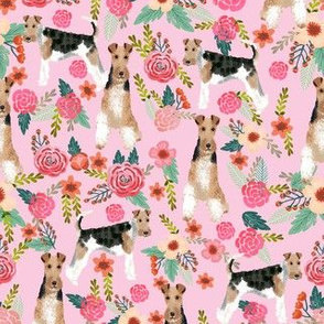 wire fox terrier floral fabric - floral fabric, fox terrier fabric, wire fox terrier fabric, cute spring floral fabric -  pink