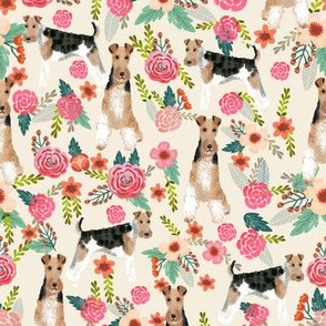 wire fox terrier floral fabric - floral fabric, fox terrier fabric, wire fox terrier fabric, cute spring floral fabric - cream