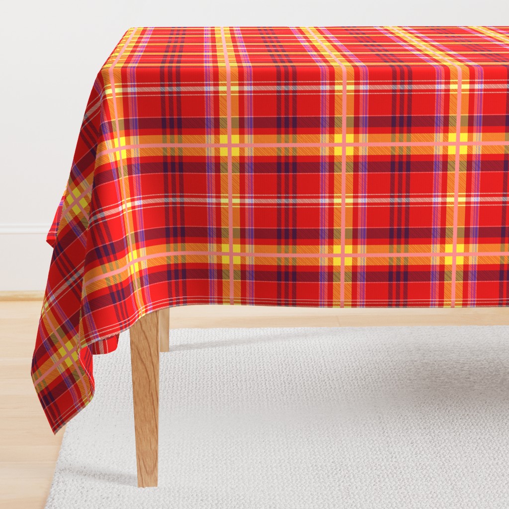 Tartan #32 - deep red, lemon yellow, coral, purple