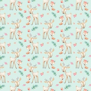 HALF SCALE Sweet Deer & Fox (soft mint) - Woodland Animals Flowers Baby Girl Nursery Bedding