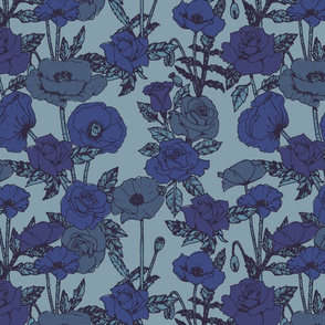 Roses and poppies blue multi