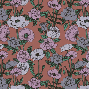 Roses and poppies multi orange background