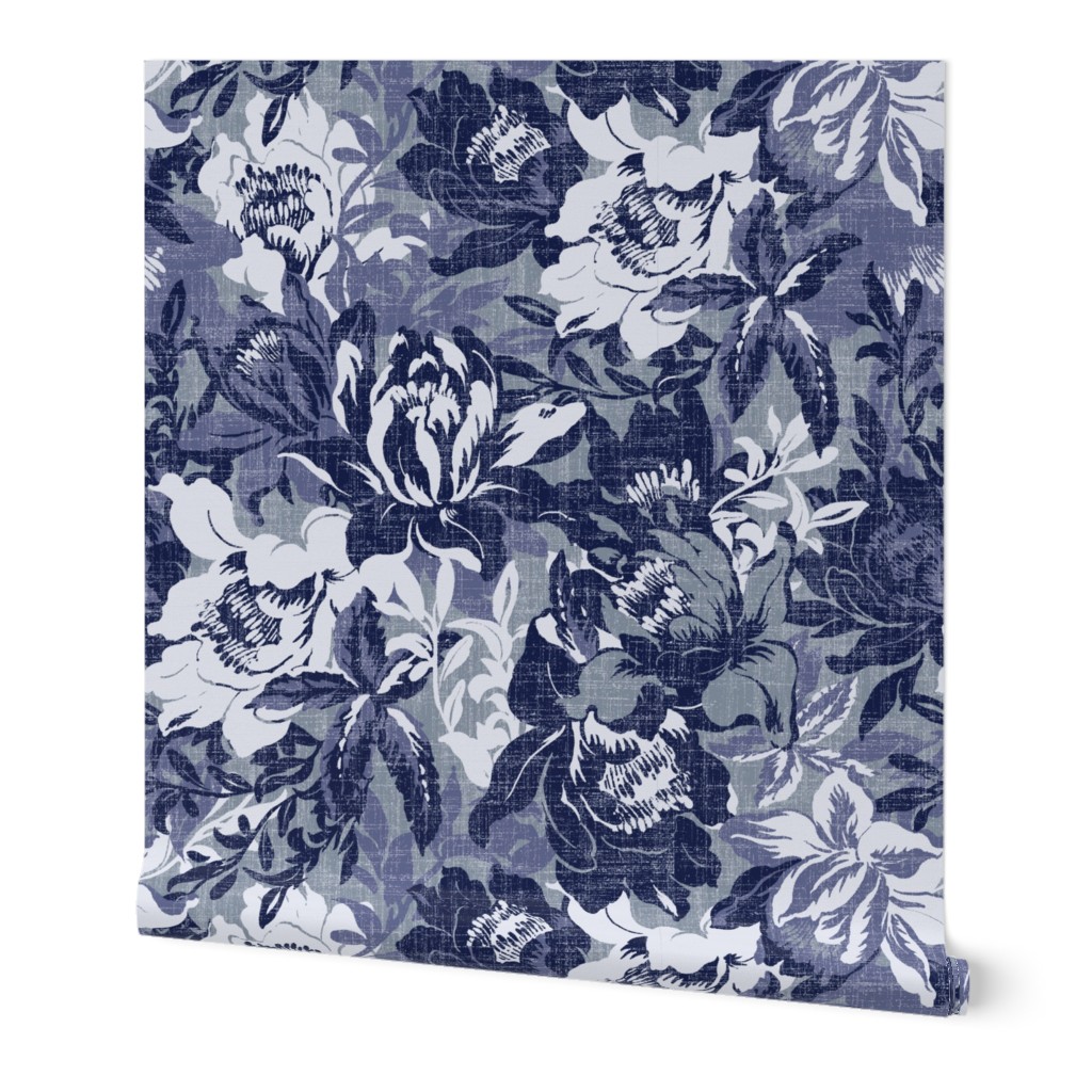 small tropical florals in bluish gray