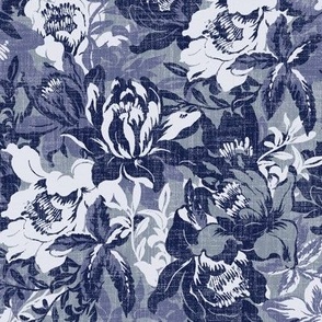 small tropical florals in bluish gray