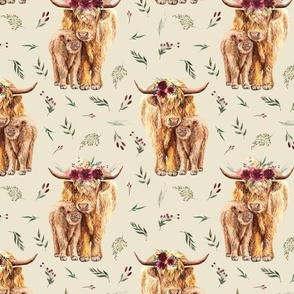 highland floral cow on tan