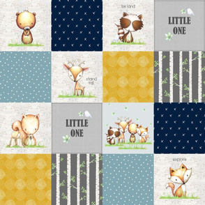 Little One Animals Patchwork Quilt Panel – Boys Woodland Birch Tree Deer Bear Fox Raccoon Squirrel, Blue Gray Mustard, Design E