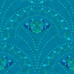 Sapphire Blue Florals, Jewel Toned Flowers, 1930s 1940s Art Deco Inspired Scallops (Large Scale)
