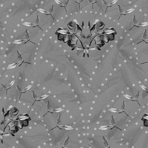 Grey Scale Florals, Monochrome Flowers in Gray, 1930s-1940s Art Deco Inspired Scallop