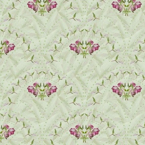 Pastel Green and Pink Floral Scallop, 1940 1950s Inspired Flower Design, Pretty Cottagecore Botanic Hellebore Garden on Chalky Brushstroke Wash