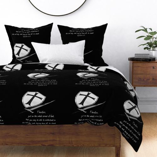 020 Faith,sword and shield on black, scripture, wall hanging, pillow