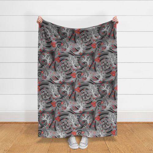 Fabric By The Yard Sakura Red Cherry Blossom Japanese Tattoo Gray Jumbo Scale Collection Irezumi Japanese Tattoo Prints