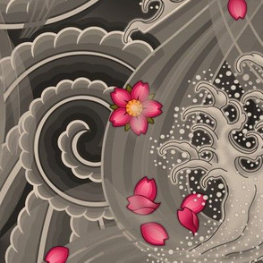 ★ SAKURA ★ Pink Cherry Blossom Japanese Tattoo / Vintage Sepia - Jumbo Scale / Collection : Irezumi - Japanese Tattoo Prints