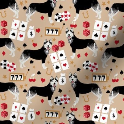 husky casino fabric - casino fabric, dogs  gambling, dog fabric, husky fabric, casino fabric, vegas fabric -  brown