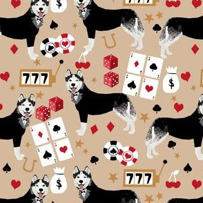husky casino fabric - casino fabric, dogs  gambling, dog fabric, husky fabric, casino fabric, vegas fabric -  brown
