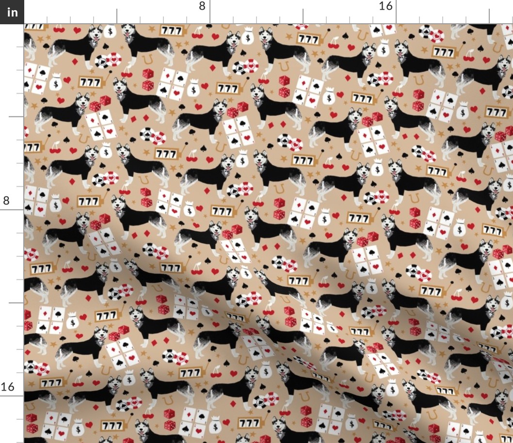 husky casino fabric - casino fabric, dogs  gambling, dog fabric, husky fabric, casino fabric, vegas fabric -  brown