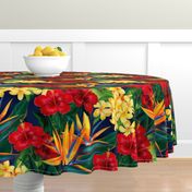 Round Tablecloth Tropical Paradise Hawaiian Floral Flowers Red Cotton Sateen