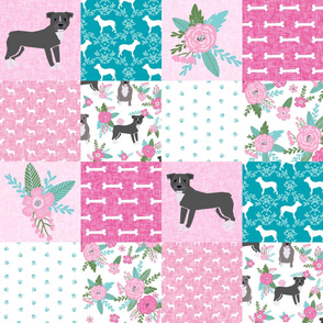 pitbull cheater quilt - floral quilt, quilt top, patchwork, dog quilt, dog design, floral dog fabric, floral pitbull - pink and teal